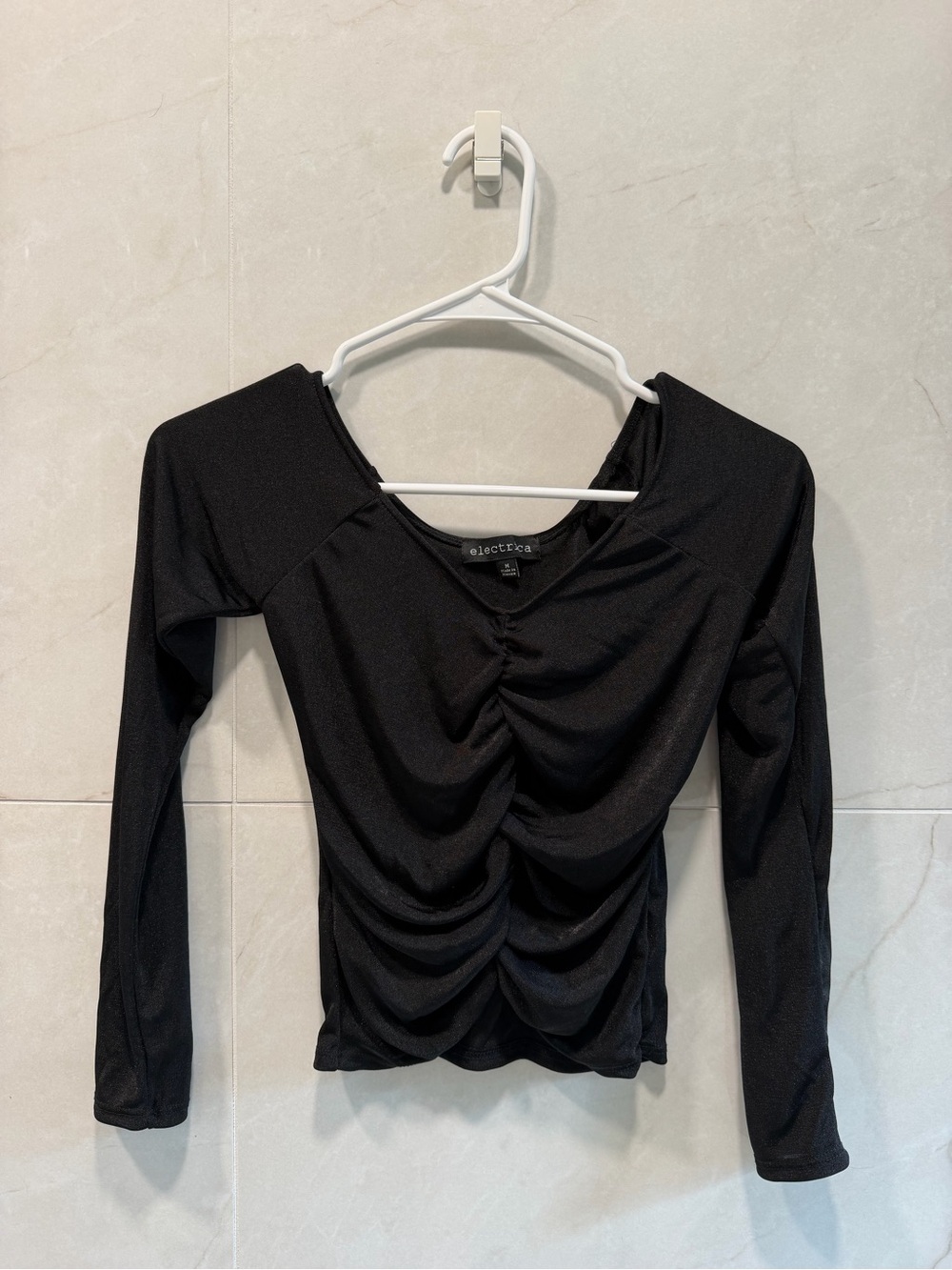 Electrica-M- Women's Black Ruched Long-Sleeve Top